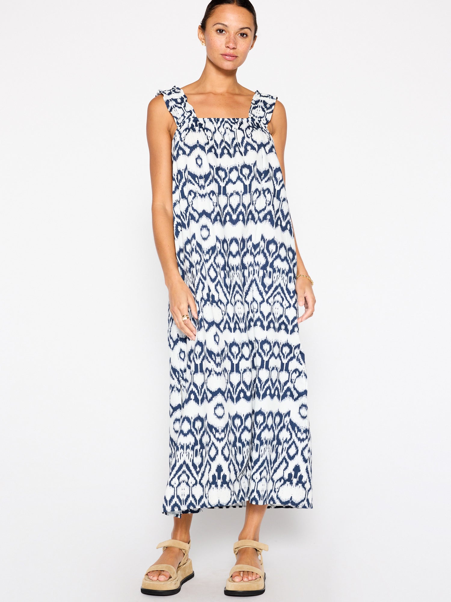 Serena navy and white printed midi dress front view 4