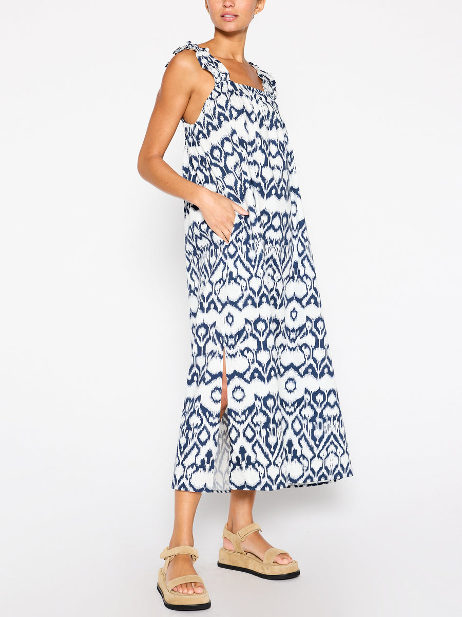 Serena navy and white printed midi dress side view