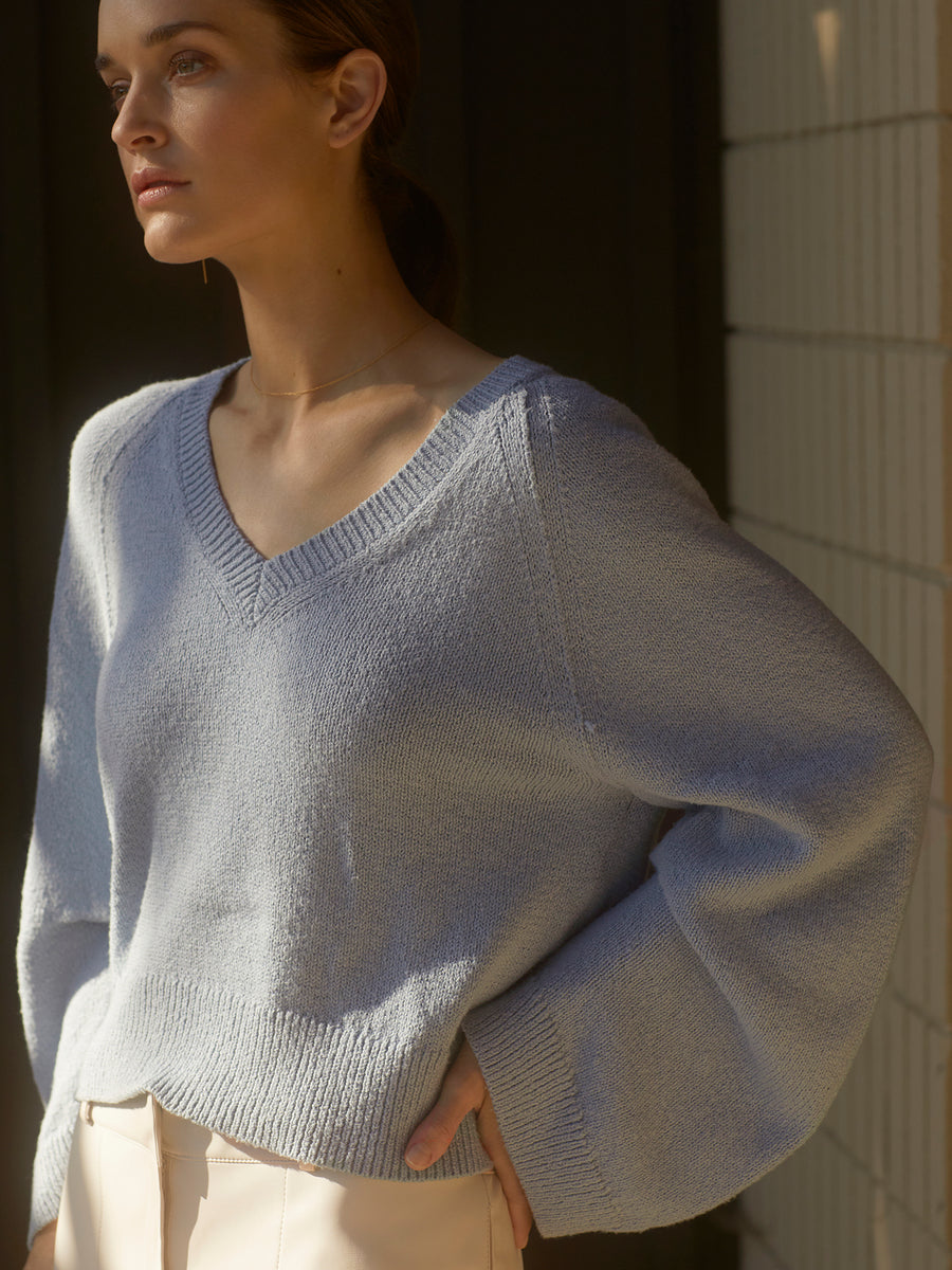 Pia v-neck light blue cotton sweater front view 4