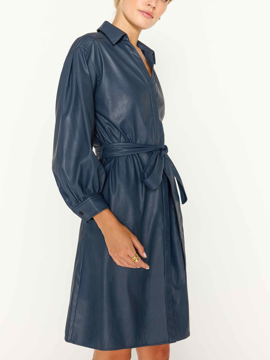 Sky belted blue vegan leather mini dress side view
