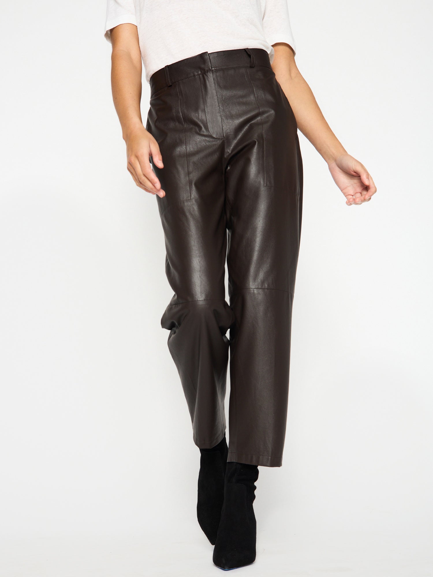 Stone vegan leather brown cropped pant front view