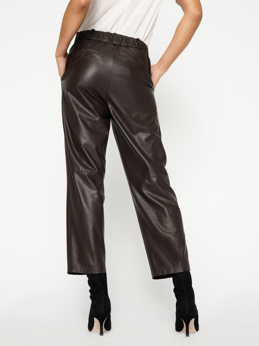 Stone vegan leather brown cropped pant back view