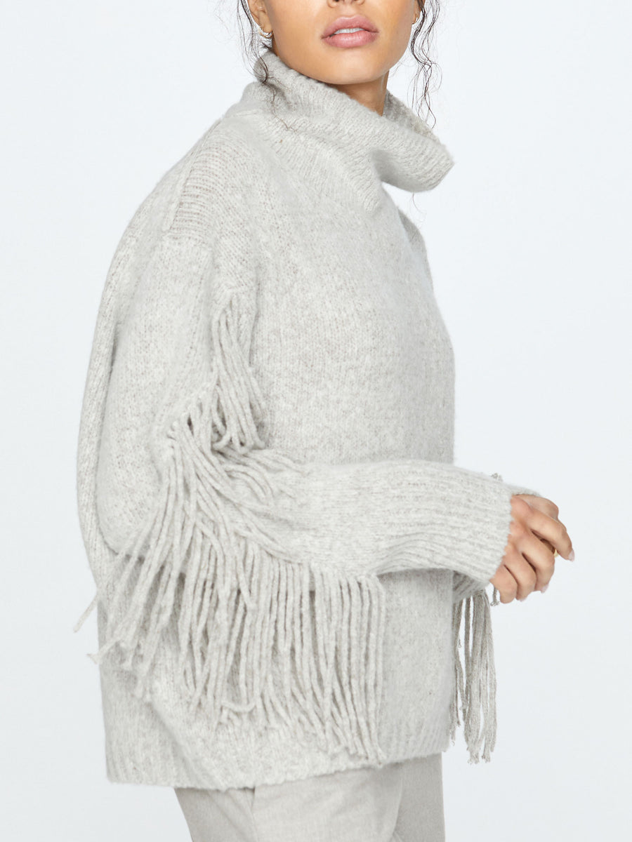 Deaville light grey fringe wool cashmere turtleneck sweater side view 2