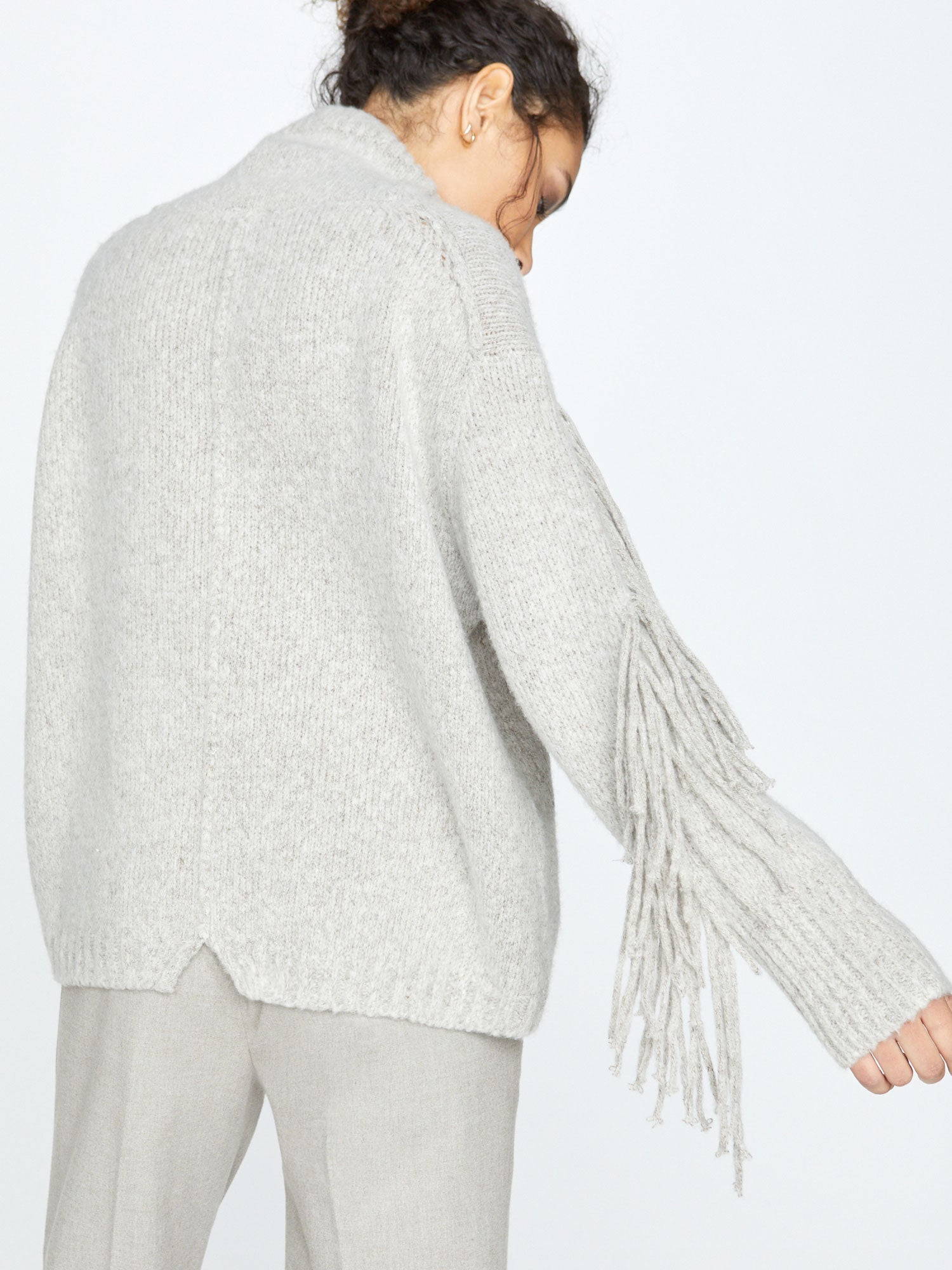 Deaville light grey fringe wool cashmere turtleneck sweater back view