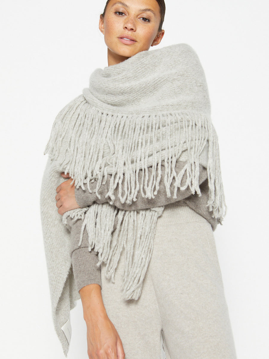 Thela light grey fringe cashmere wool wrap front view