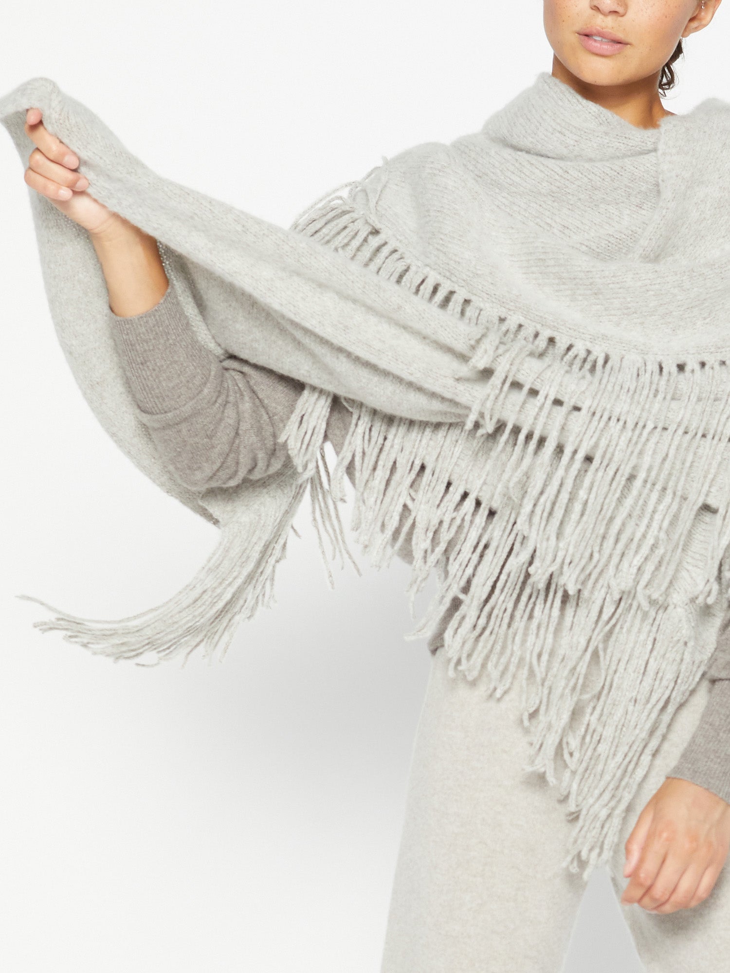 Thela light grey fringe cashmere wool wrap front view 2