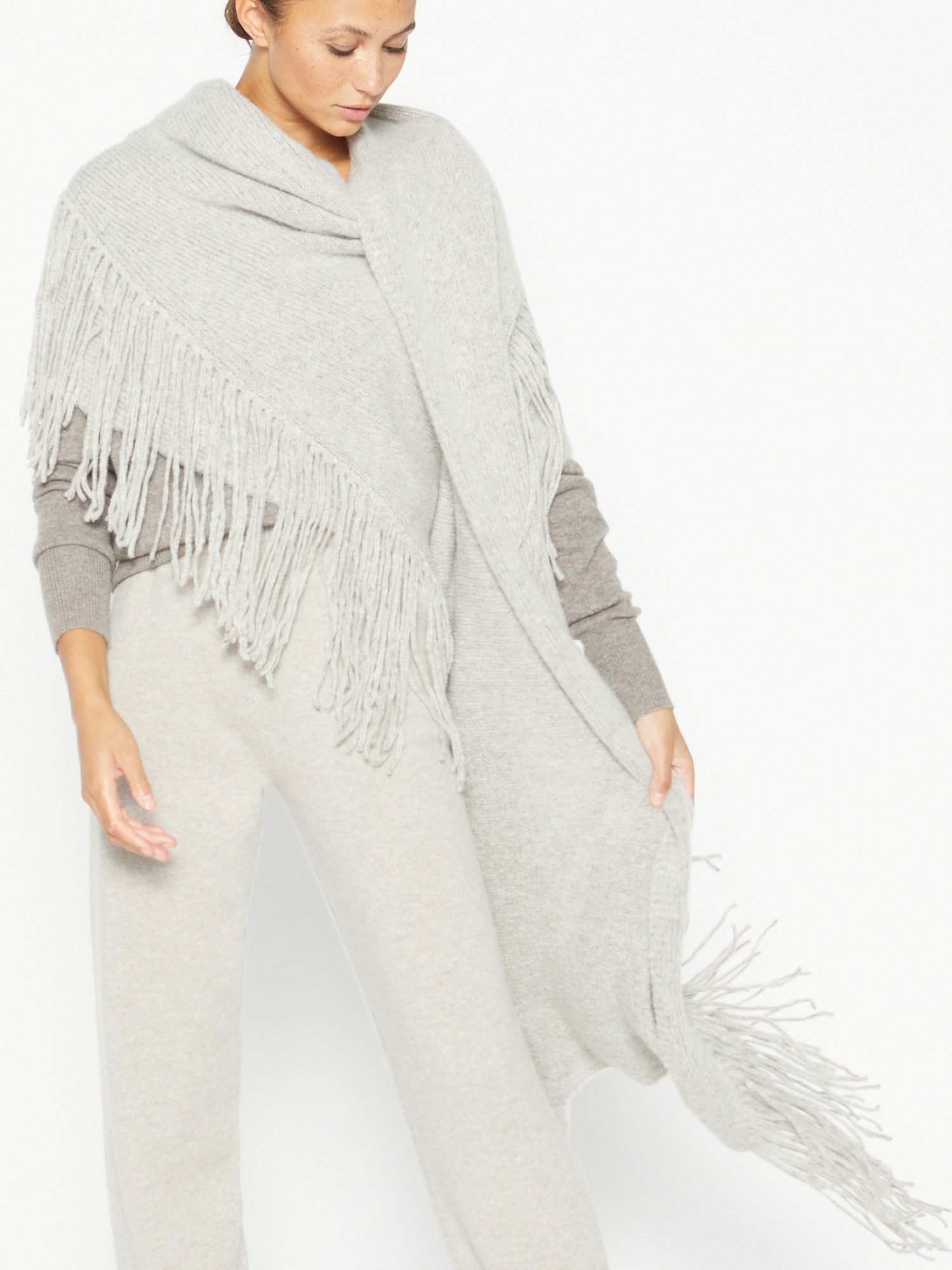 Thela light grey fringe cashmere wool wrap front view 3