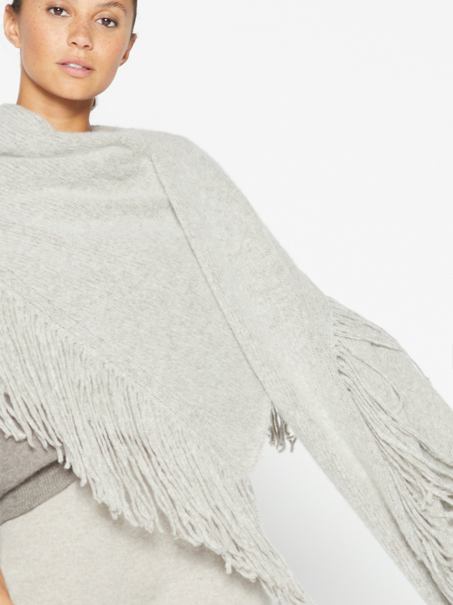 Thela light grey fringe cashmere wool wrap front view 4
