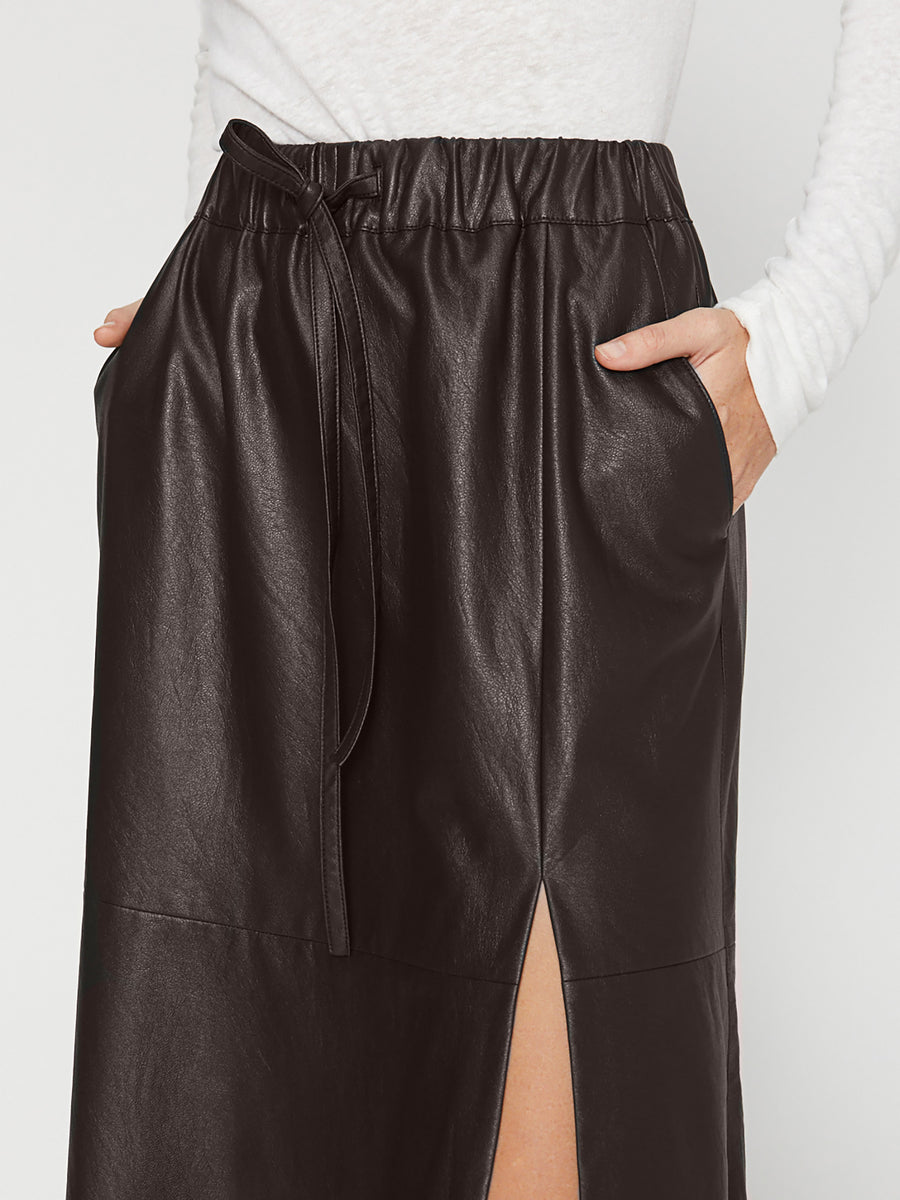 Danni brown vegan leather midi skirt close up 2