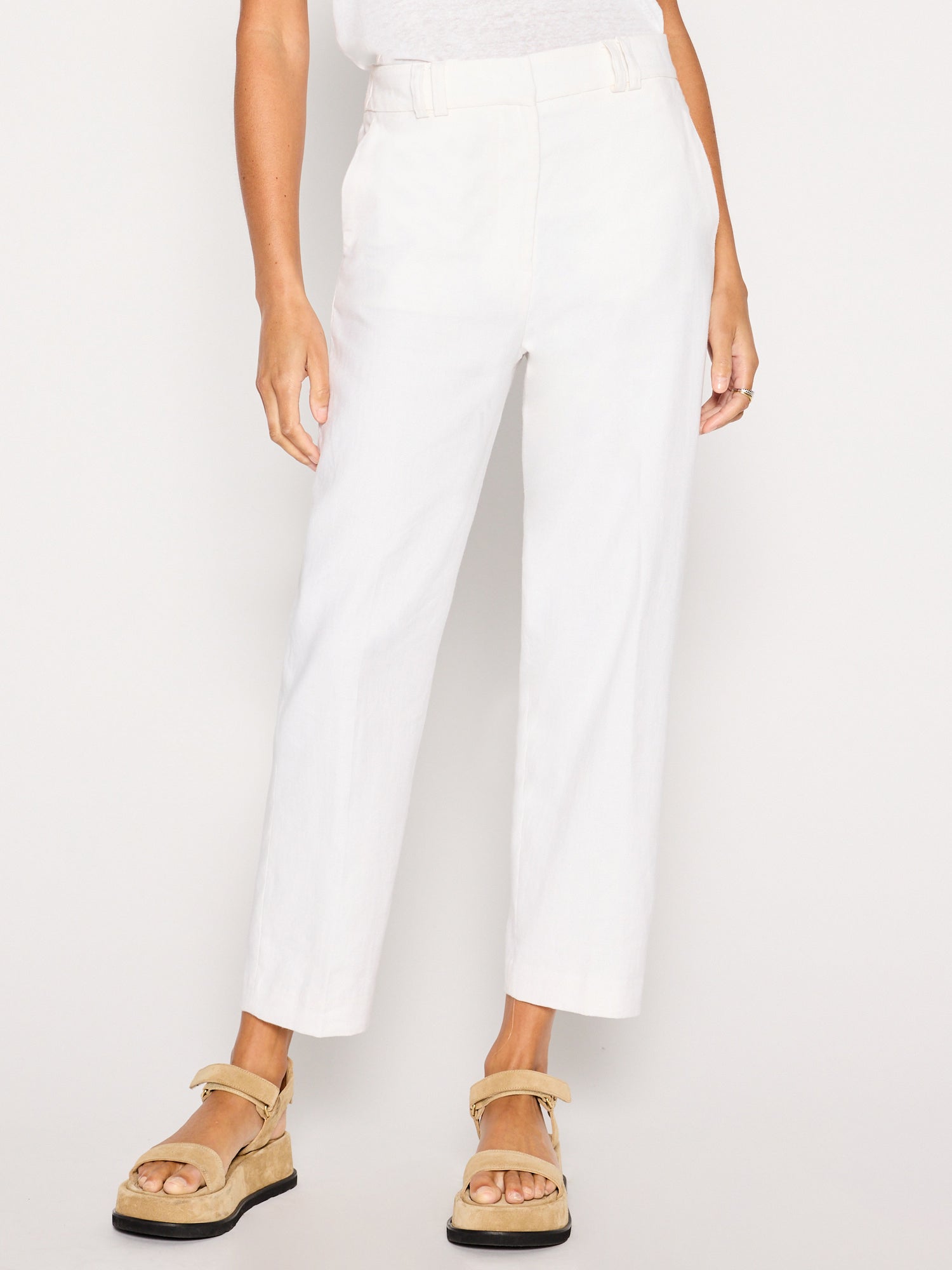 Talia white cropped cotton linen pant front view
