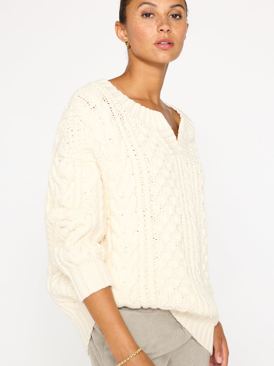 Talia chunky cable ivory sweater side view 2