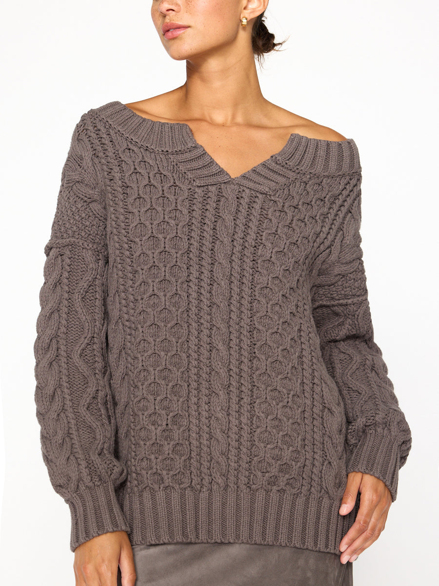 Talia chunky cable taupe brown sweater front view 2