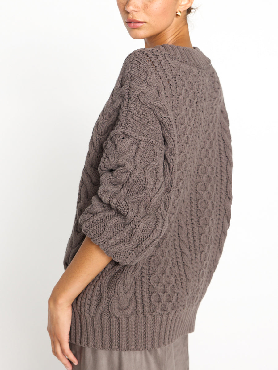 Talia chunky cable taupe brown sweater side view 2