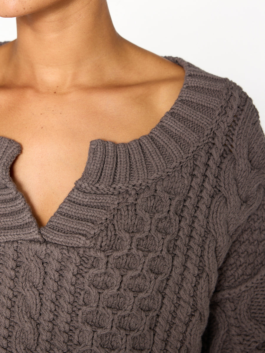 Talia chunky cable taupe brown sweater close up