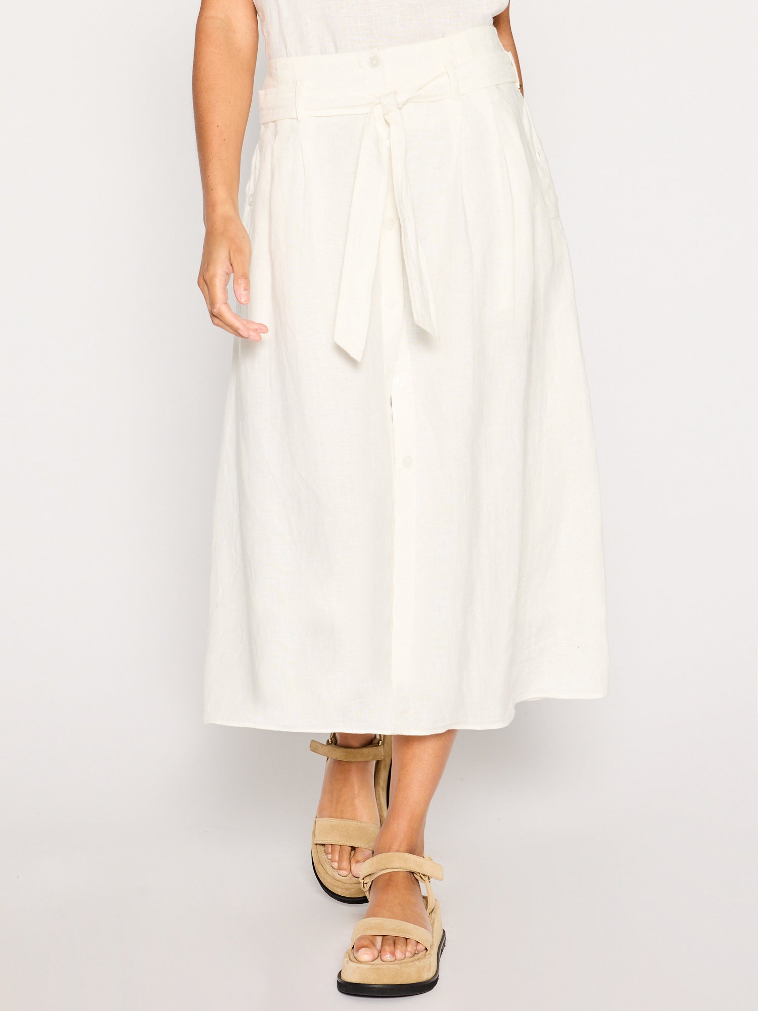 Teagan ivory belted button front midi skirt front view