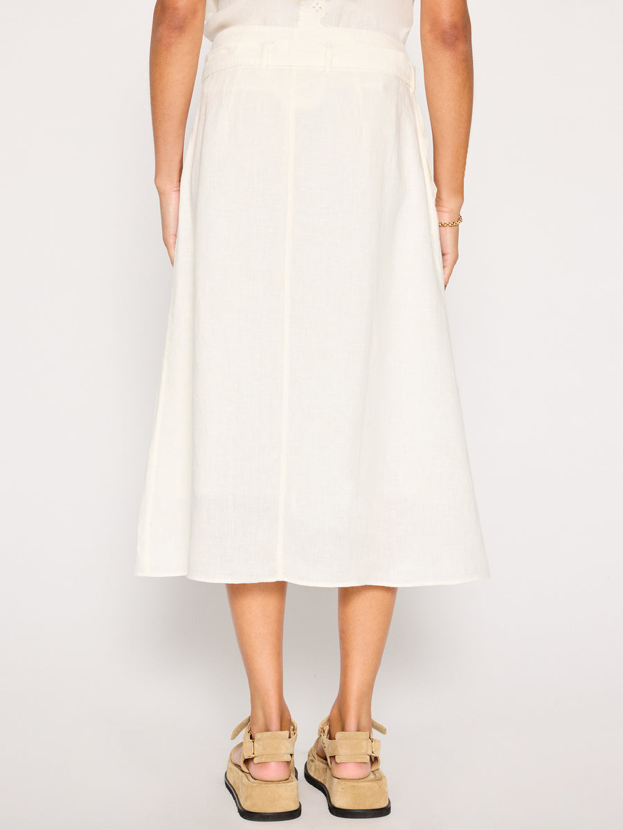 Teagan ivory belted button front midi skirt back view