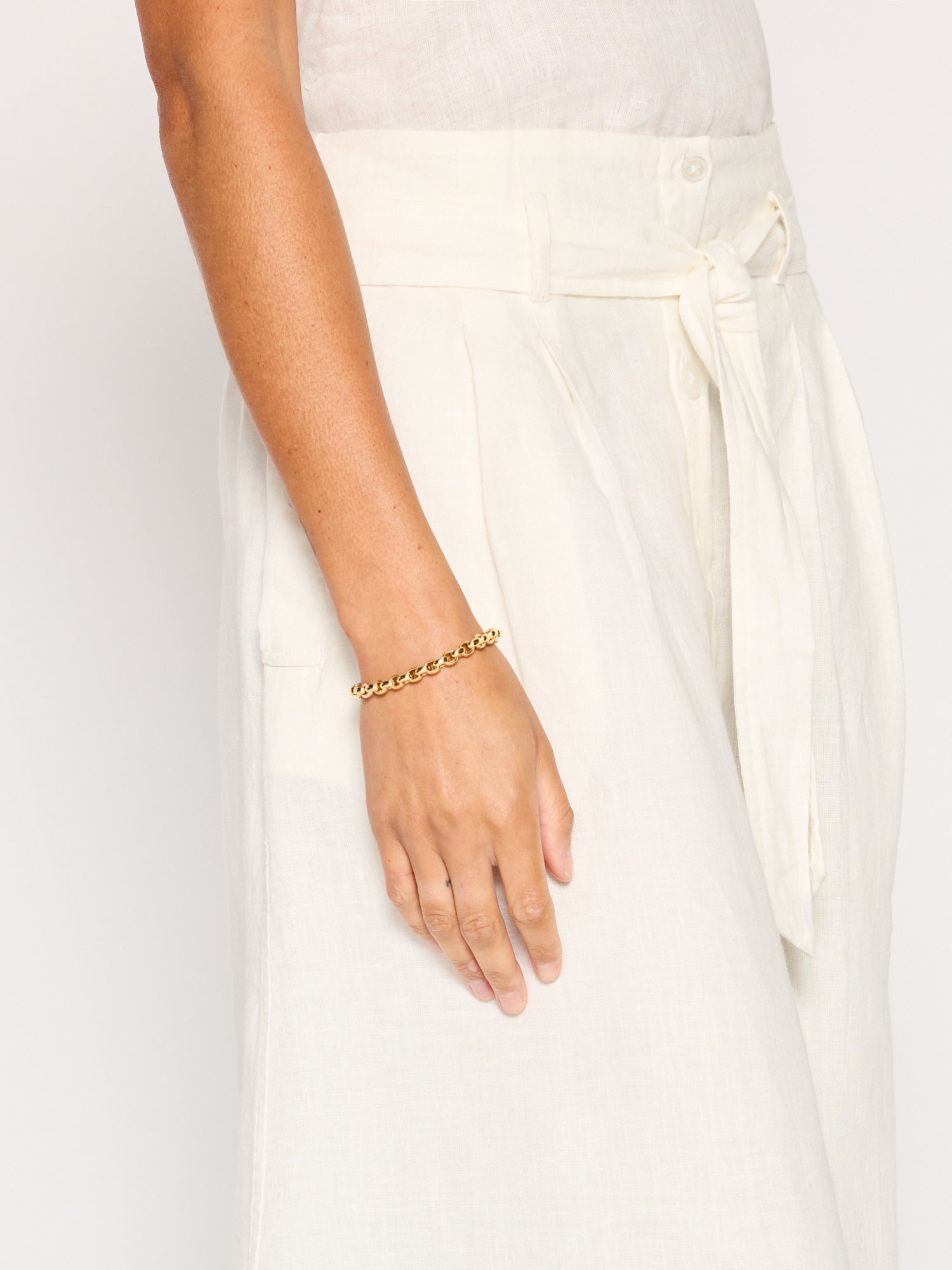 Teagan ivory belted button front midi skirt close up