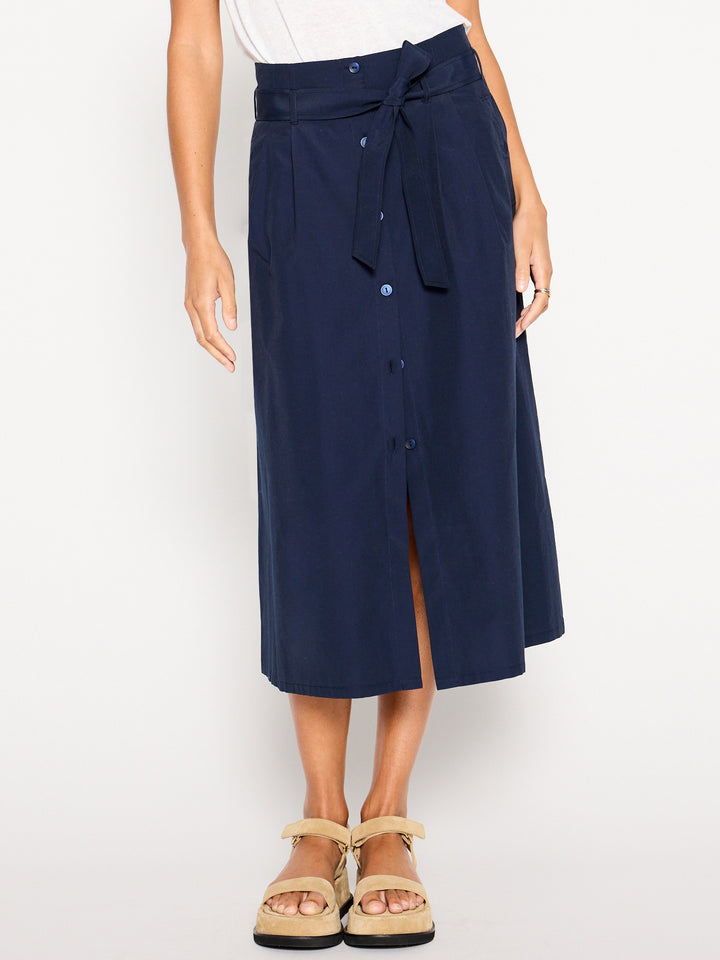 Teagan navy belted button front midi skirt front view