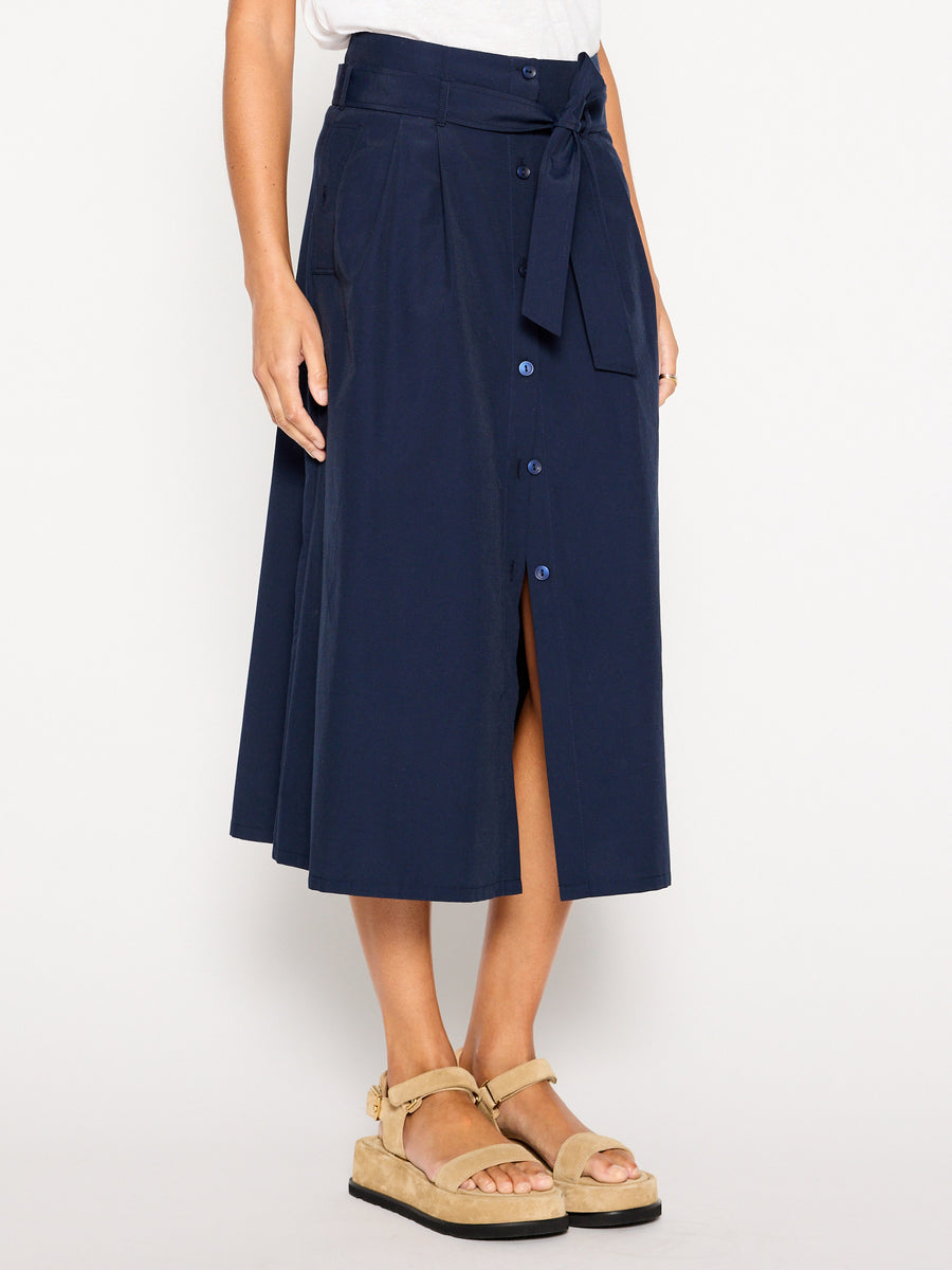 Teagan navy belted button front midi skirt side view