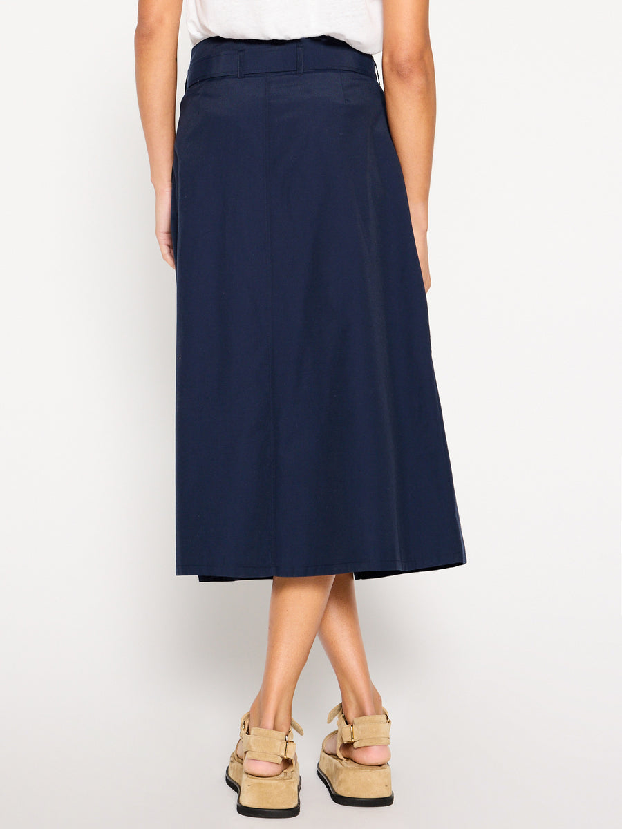 Teagan navy belted button front midi skirt back view