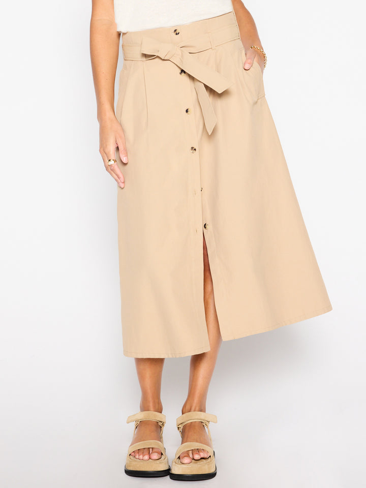 Teagan tan belted button front midi skirt front view