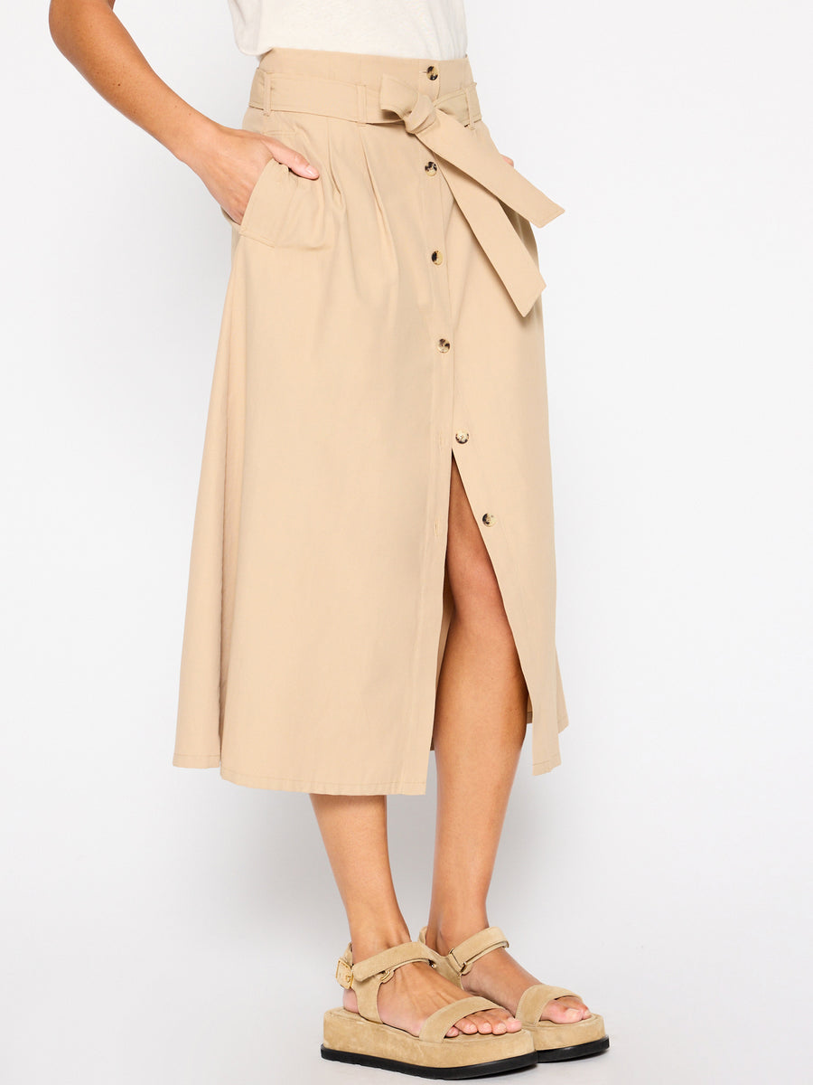 Teagan tan belted button front midi skirt side view