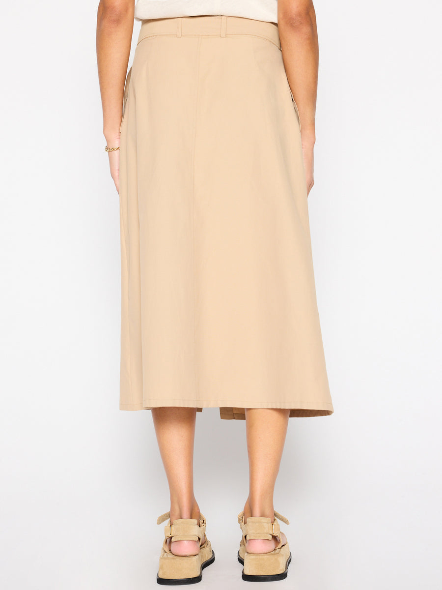 Teagan tan belted button front midi skirt back view
