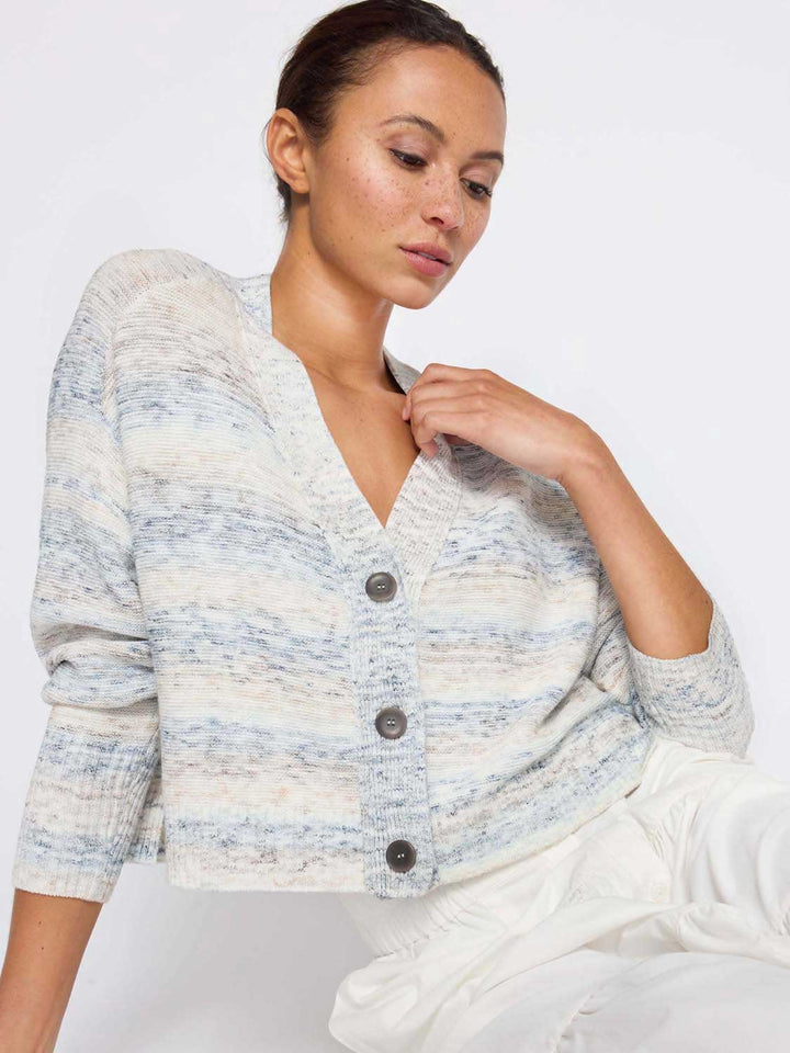 Tessa blue stripe cropped cardigan sweater front view