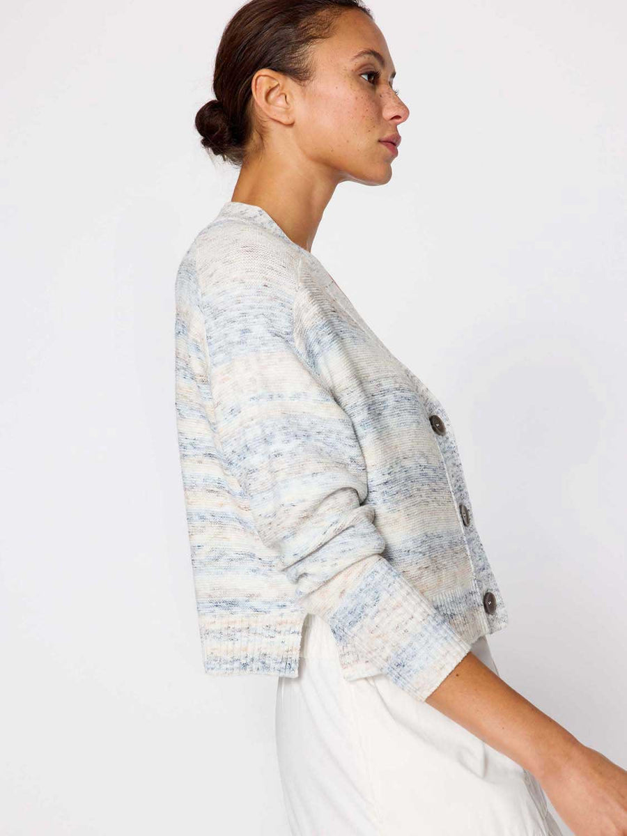 Tessa blue stripe cropped cardigan sweater side view 2