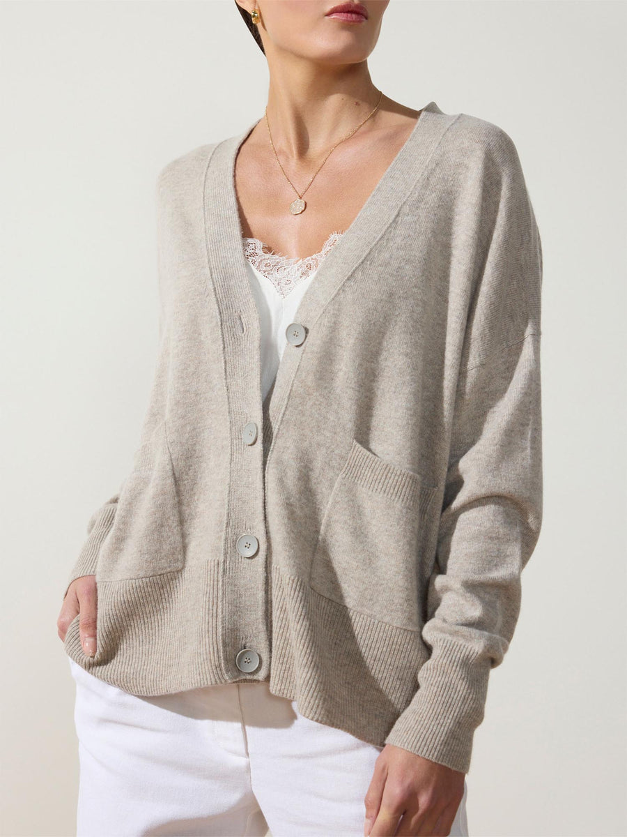 Lace light grey layered cardigan sweater front view