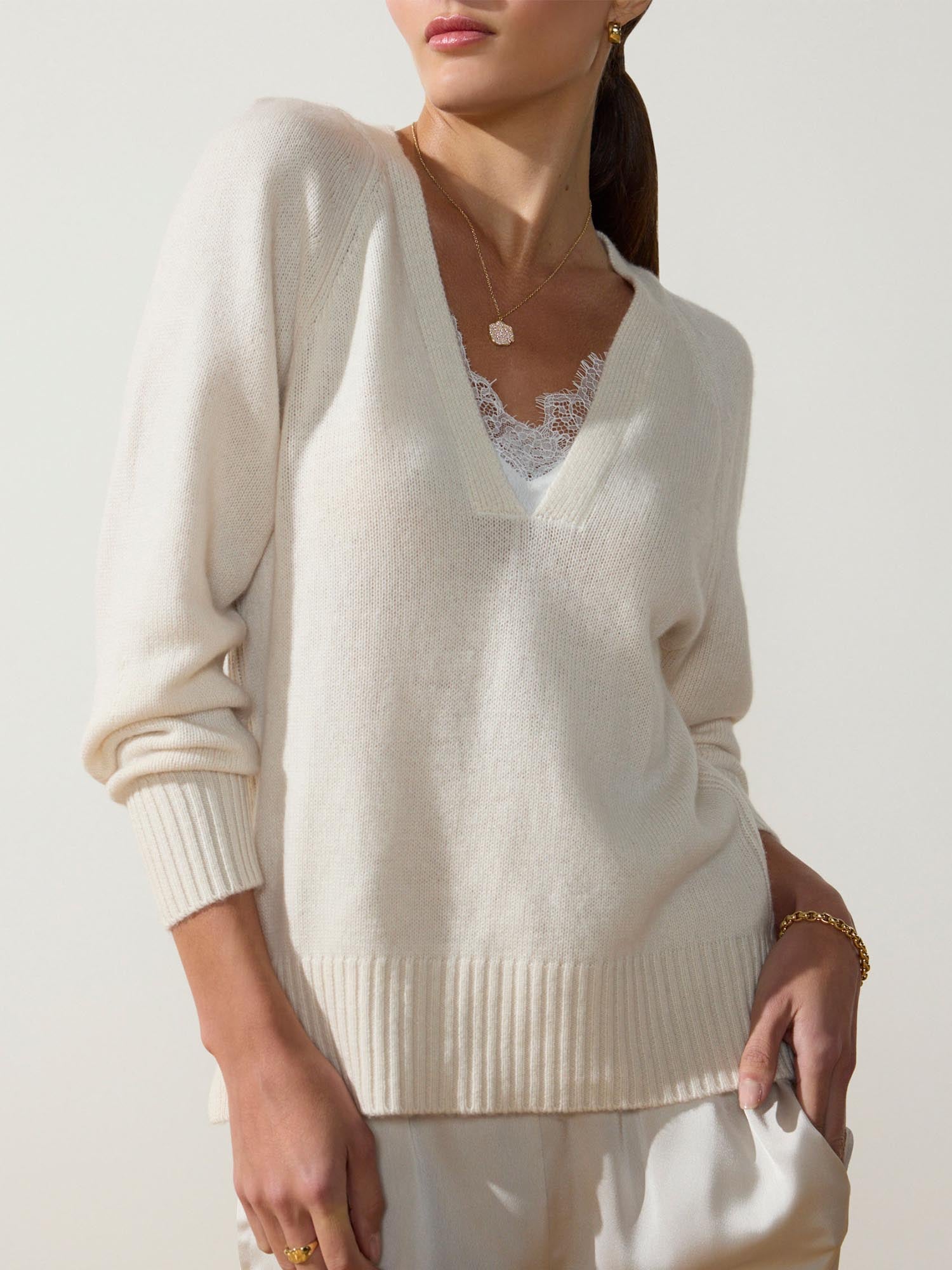 Ida white layered lace v-neck sweater front view