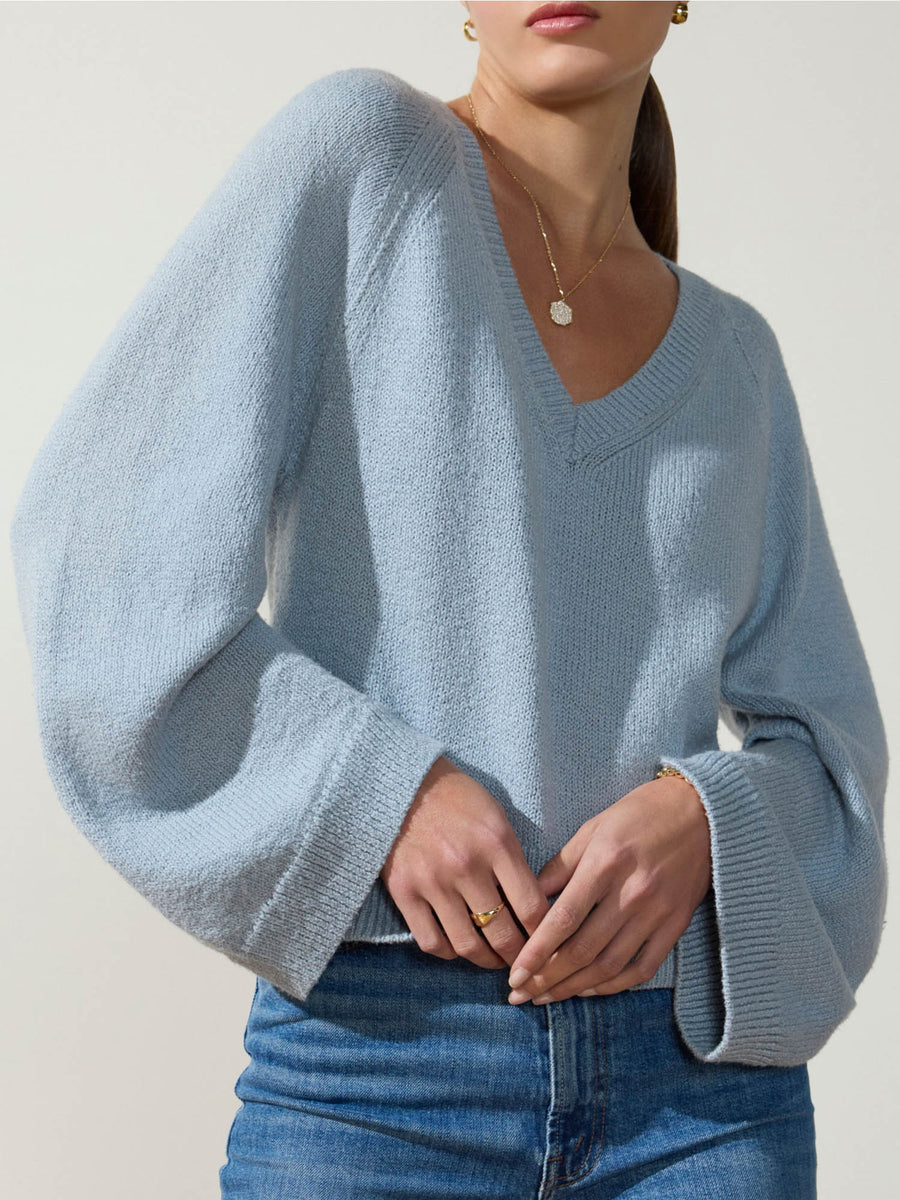 Pia v-neck light blue cotton sweater front view