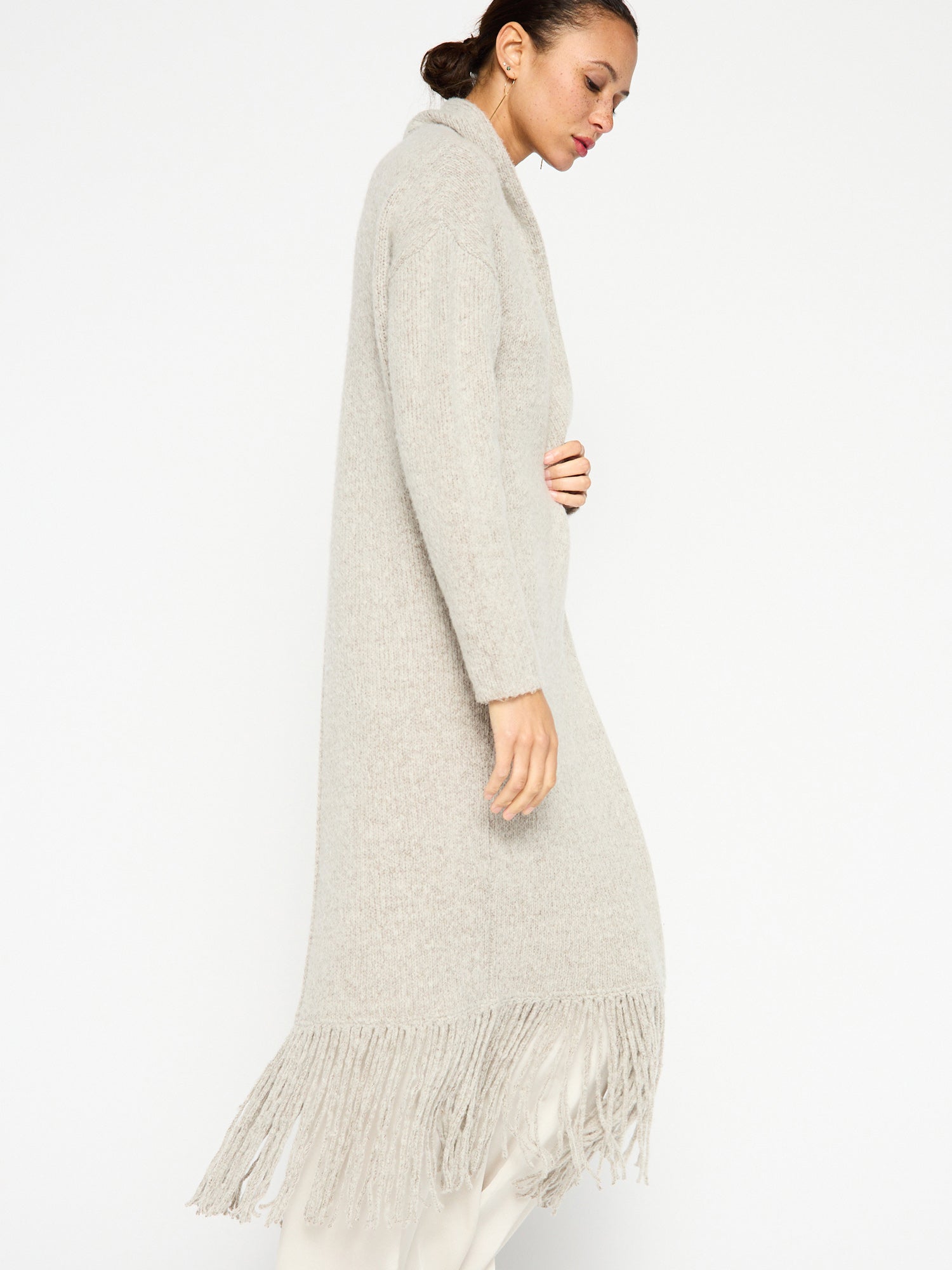 Thela light grey fringe cashmere wool duster cardigan side view