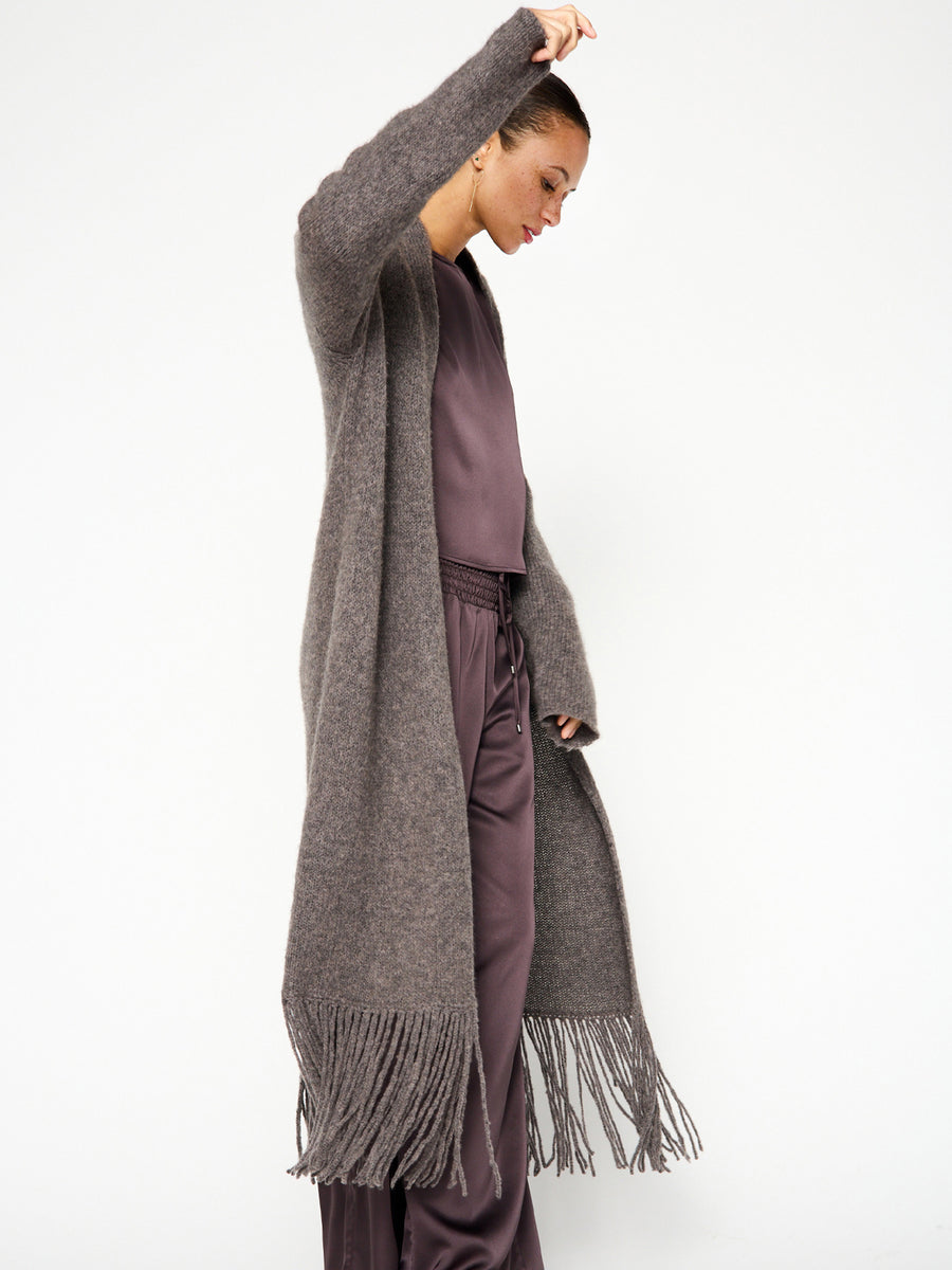 Thela dark grey fringe cashmere wool duster cardigan side view