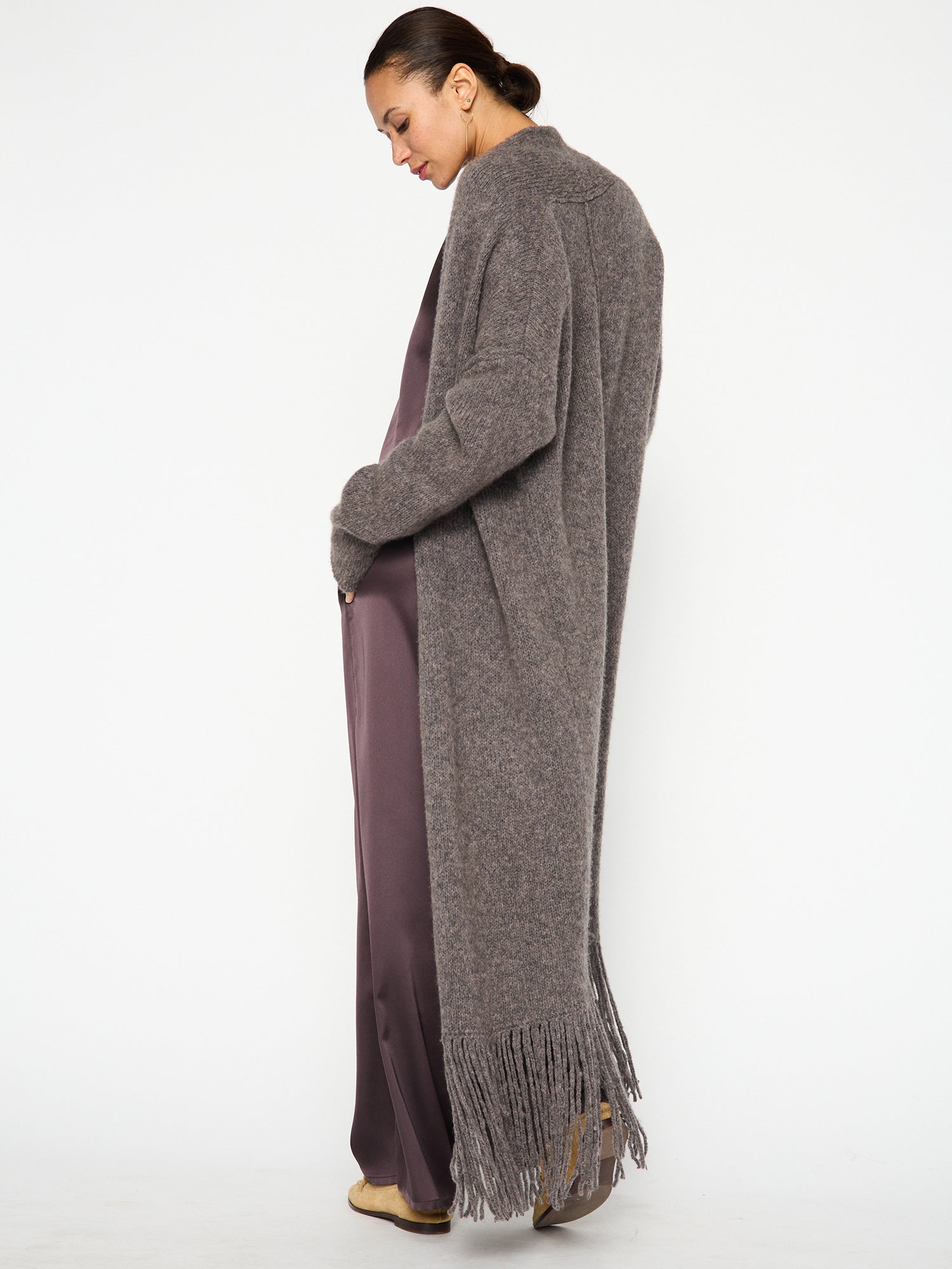 Thela dark grey fringe cashmere wool duster cardigan side view 3