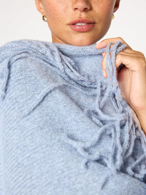 Thela blue fringe cashmere wool wrap close up