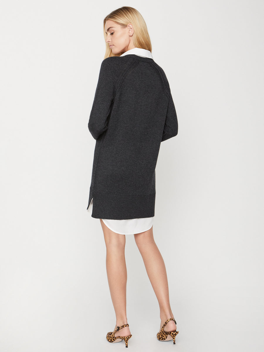 Looker layered v-neck grey and white mini sweater dress back view