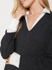 Looker layered v-neck grey and white mini sweater dress close up
