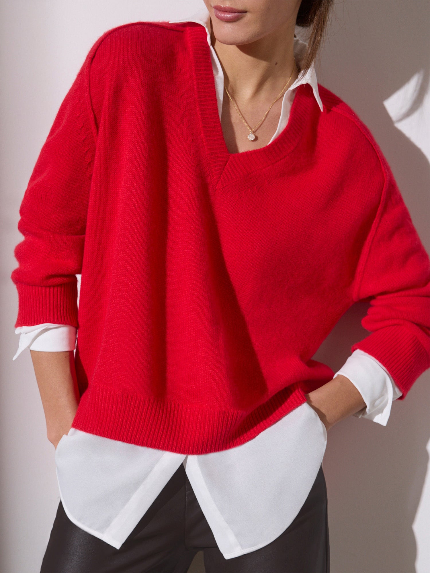 Looker red layered v-neck sweater front view