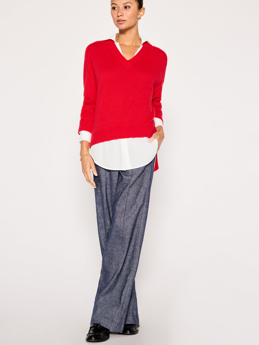 Looker red layered v-neck sweater full view