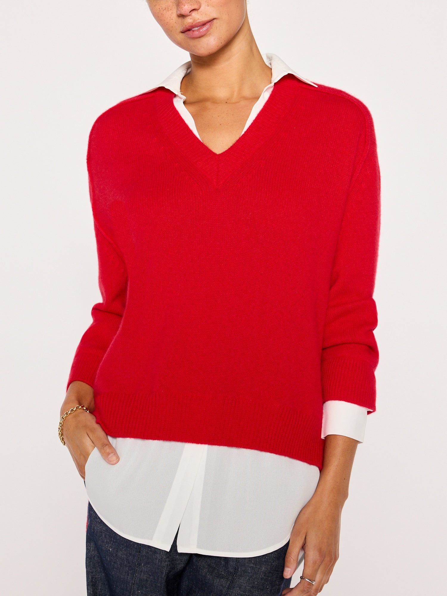 Looker red layered v-neck sweater front view 2