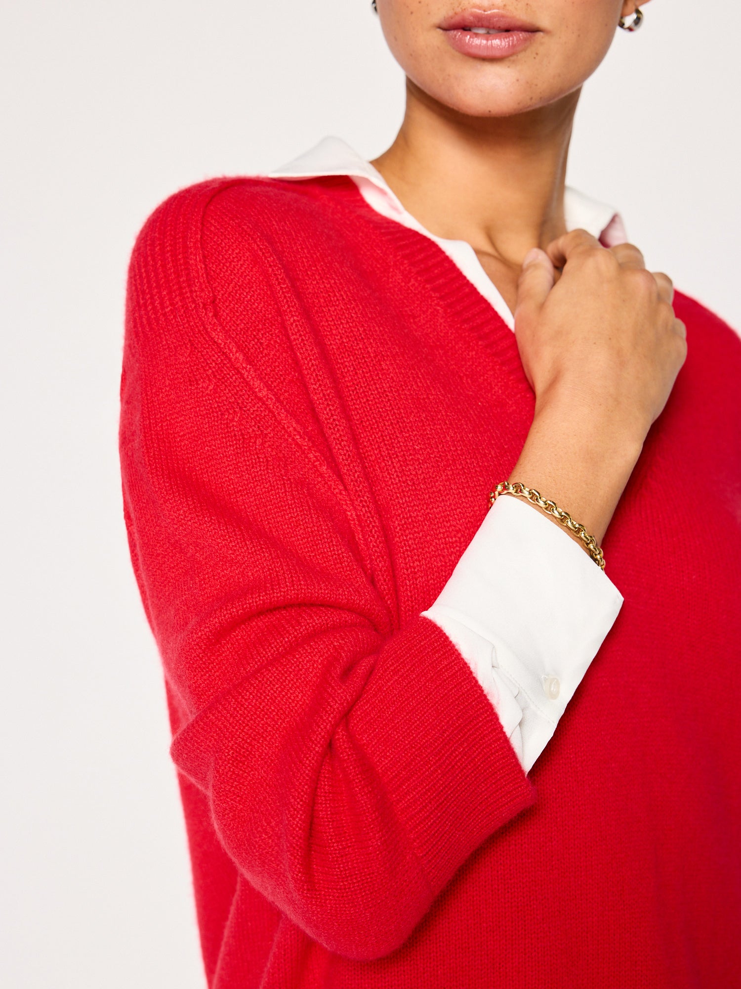Looker red layered v-neck sweater close up