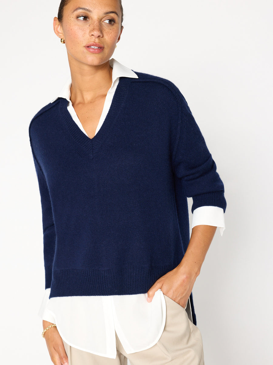 Looker navy layered v-neck sweater front view 3