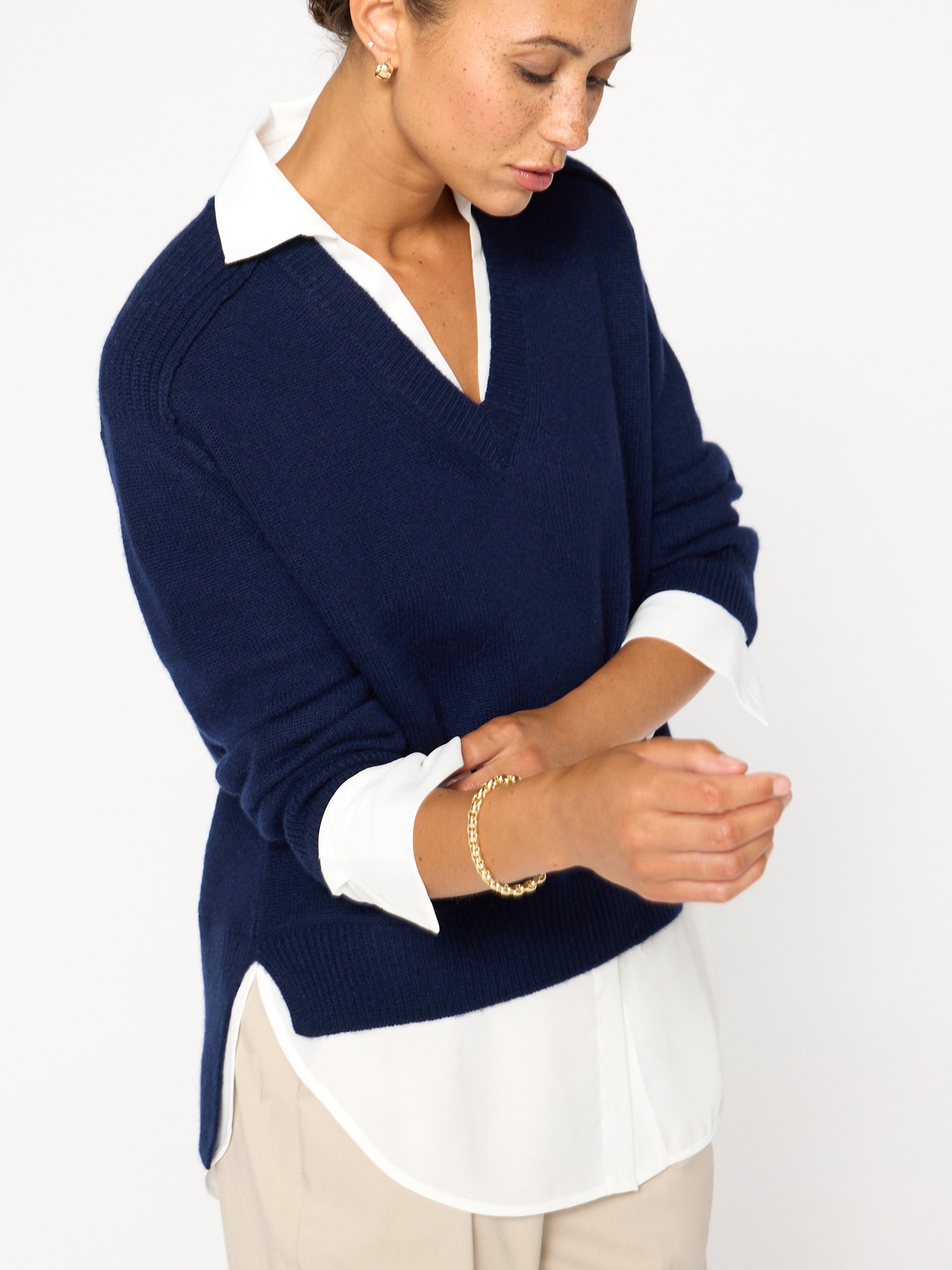 Looker navy layered v-neck sweater side view