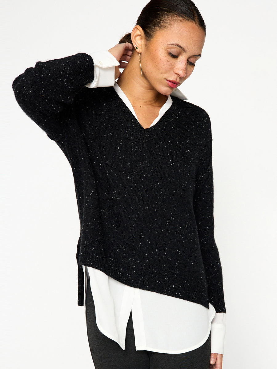 Looker black multi layered v-neck sweater front view 2