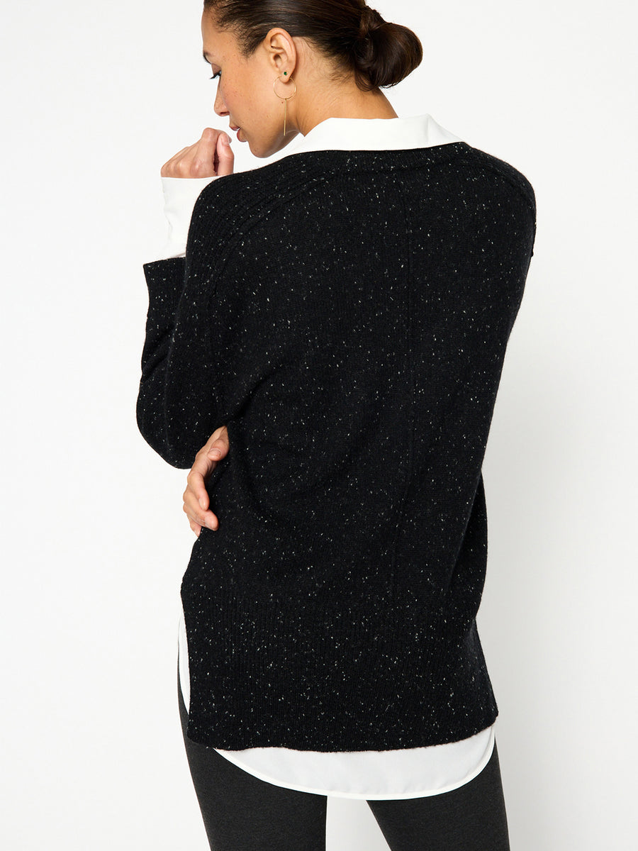 Looker black multi layered v-neck sweater back view