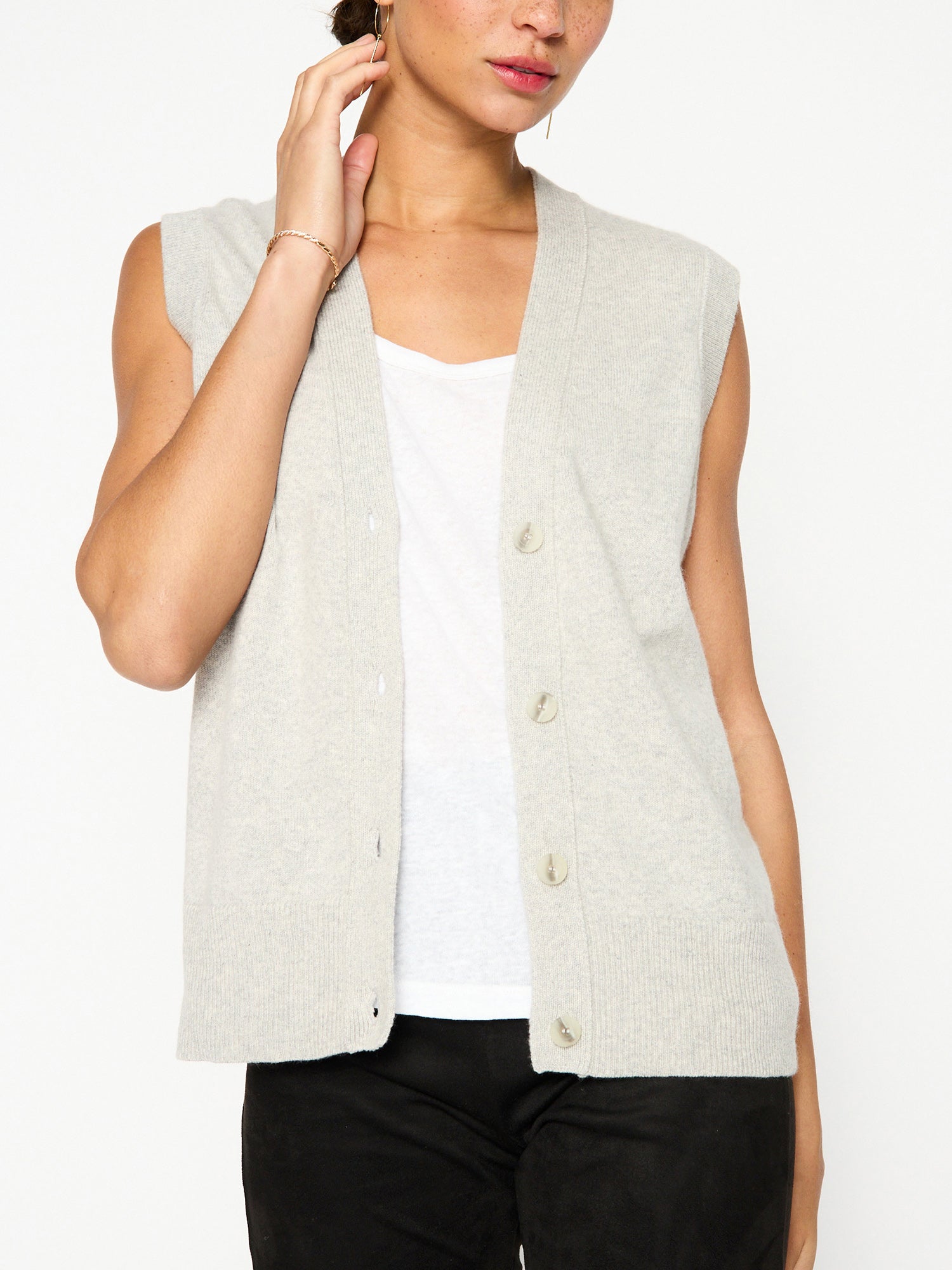 Light grey vest tank layered sweater front view 3