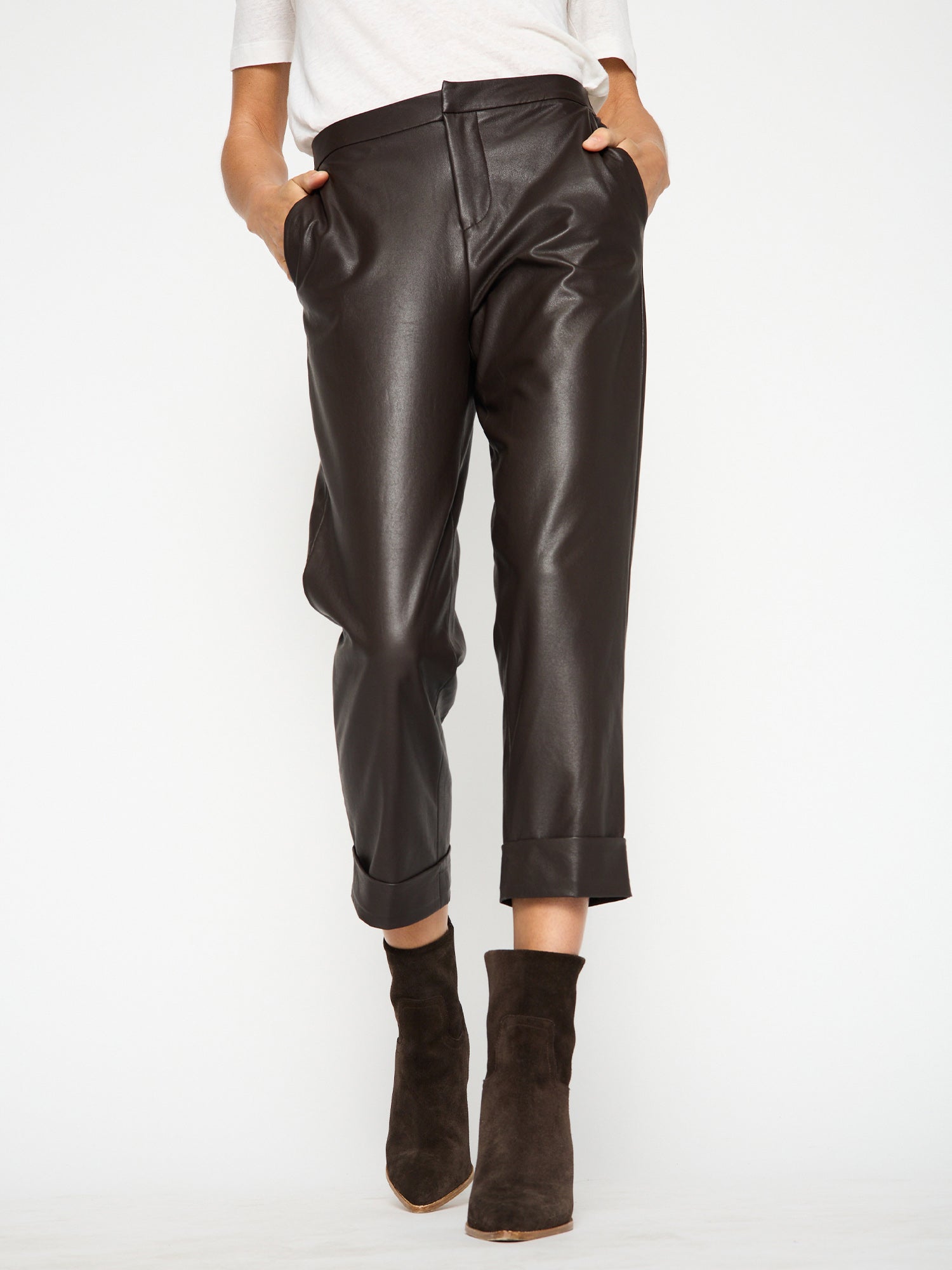 Westport brown vegan leather cropped pant front view