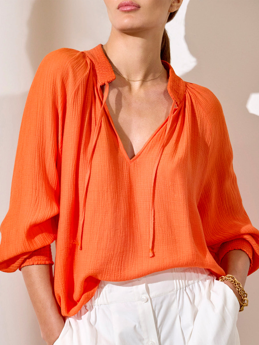 Amaia orange crepe popover blouse front view