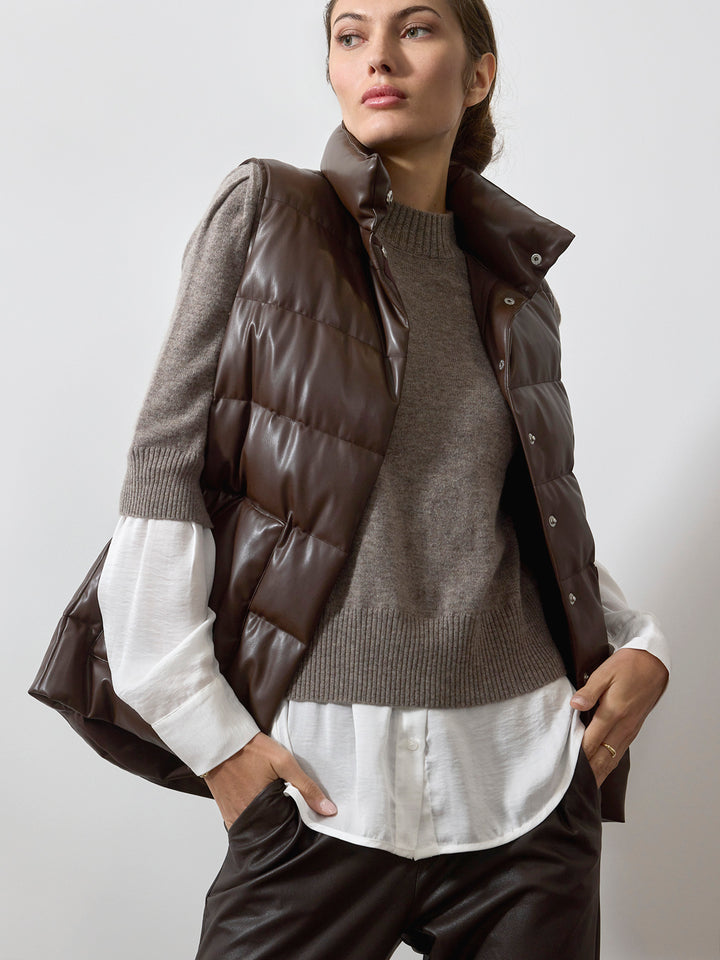 Anders brown vegan leather down puffer vest front view